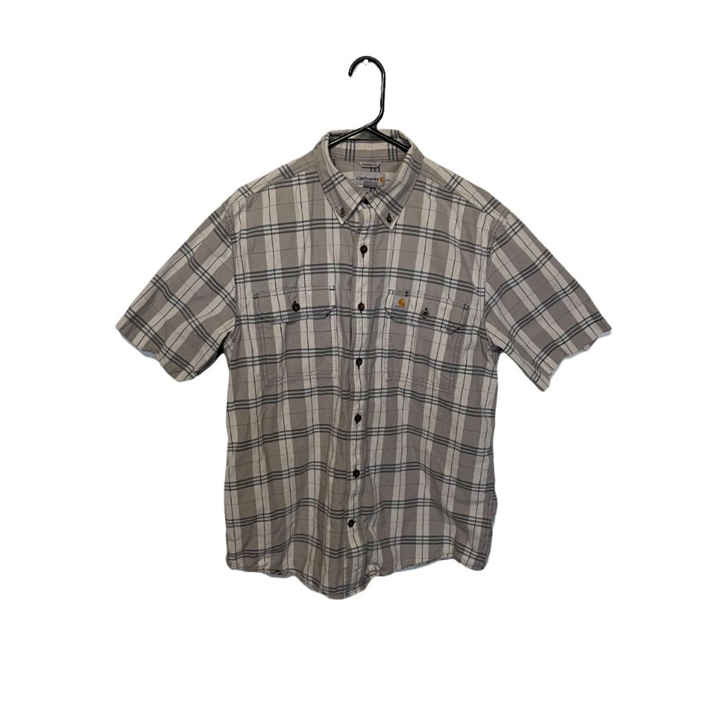 Carhartt Button Down Shirt Mens Medium Tan Grey Plaid Short Sleeve Midweight